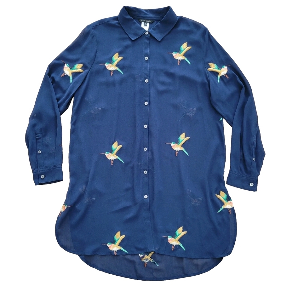 John Mark Shirt Size Medium Hummingbird Embroidered Blouse Navy Blue Sheer